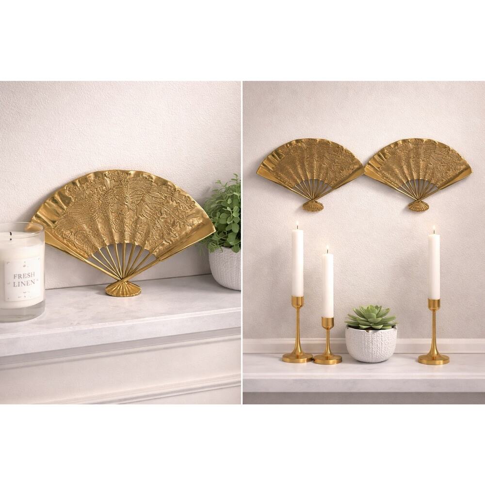Vintage Brass Peacock Fan Wall Decor Plaque Hollywood Regency India 10” W/stand